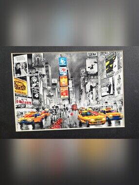 NYC Times Square Broadway Yellow Taxi Art Print Black White Color 8x10 Matted.